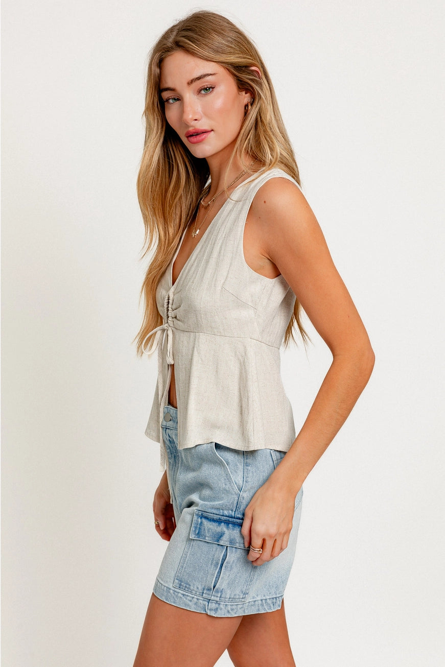 Sleeveless V-Neck Opened Shirring Top