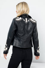 Vegan Leather Moto Jacket - Embroidery Applique Detail