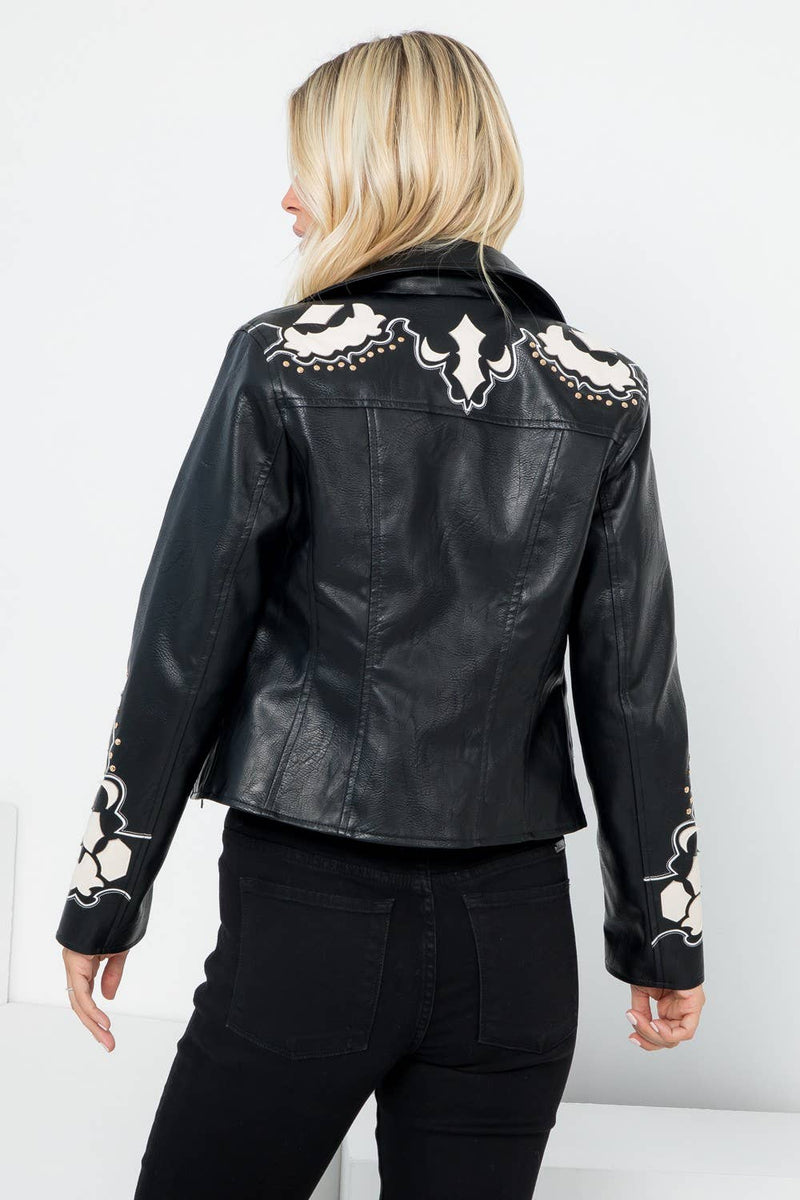 Vegan Leather Moto Jacket - Embroidery Applique Detail