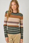 Ribbed color block striped sweater top in earthy tones, featuring long sleeves and a fitted silhouette, perfect for Long Island boutique fashion.