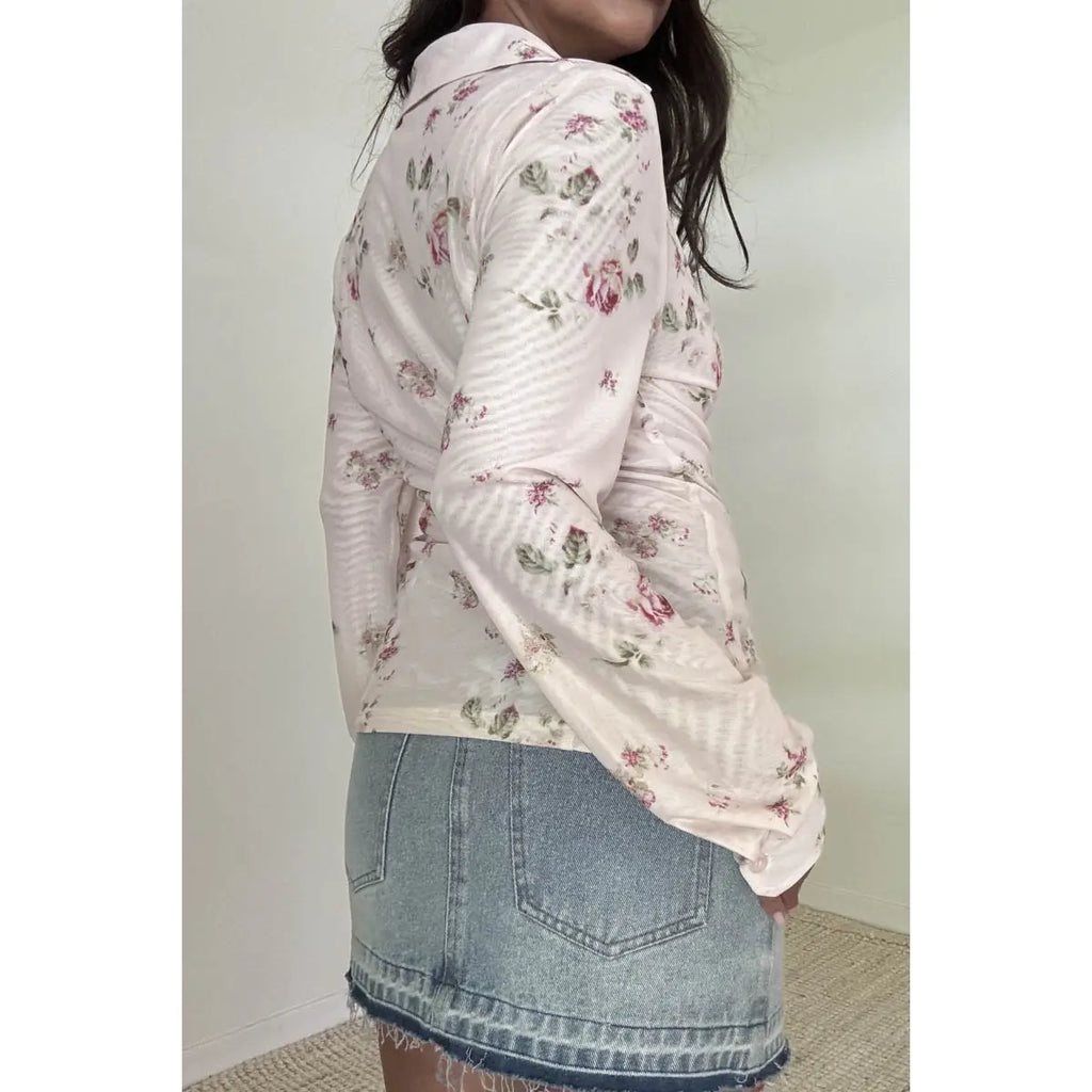 Floral Print Mesh Shirt Top