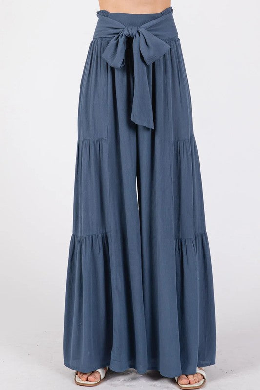 Woven Solid Wide Ruffle Hemming Pants - Med Indigo