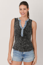 Washed Sleeveless  Henley Top