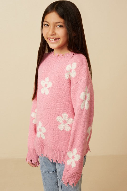 Distressed Floral Sweater- Girls