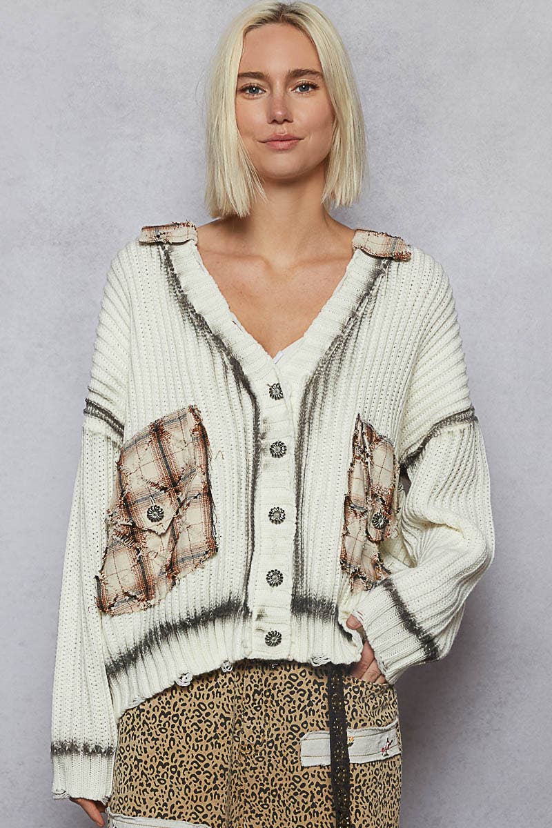 Long Sleeve Plaid Pockets Detail Sweater Cardigan