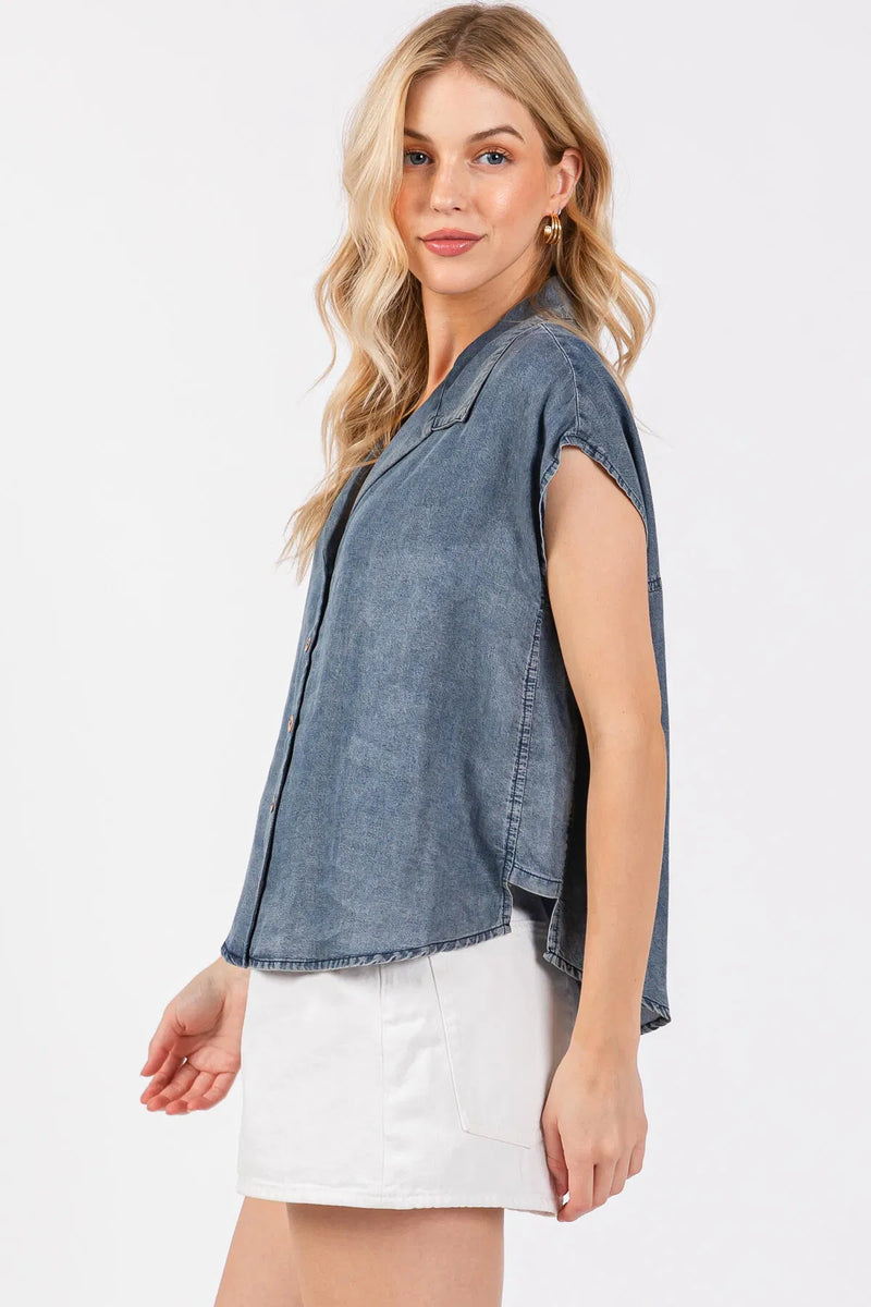 Tencel Collared Button Down Sleeveless Top