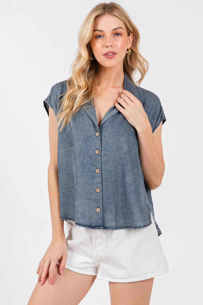 Tencel Collared Button Down Sleeveless Top