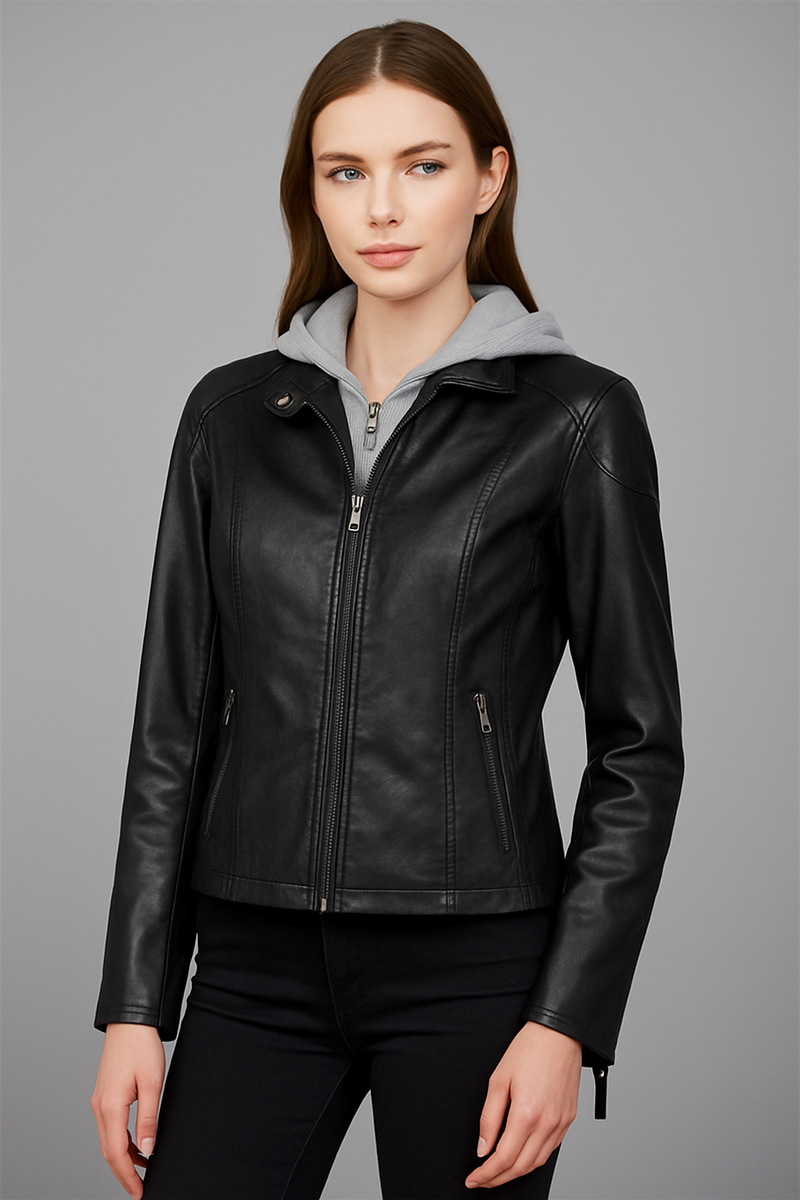 Hooded Faux Leather Moto Jacket | Removable Hood