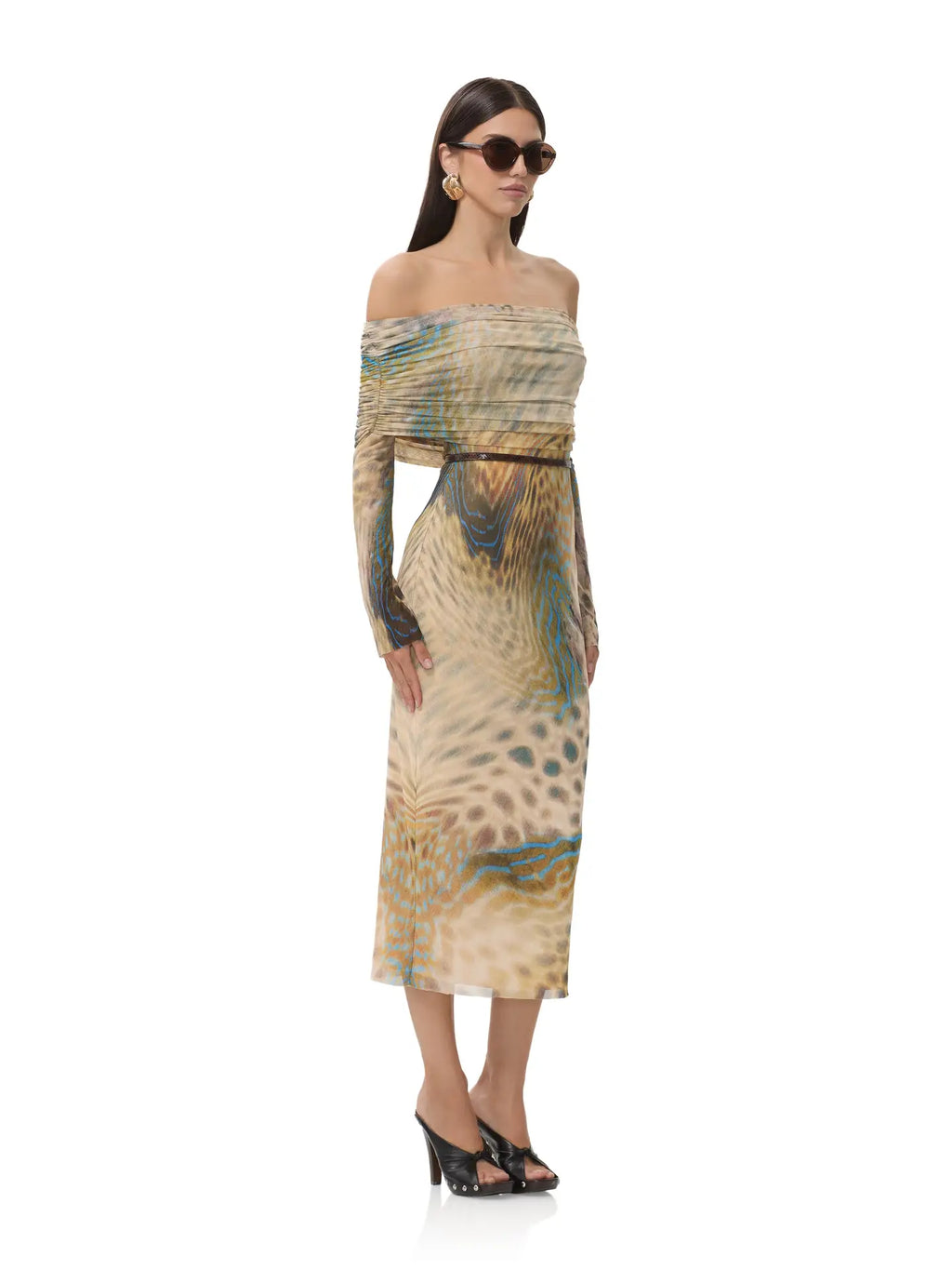 Off-the-shoulder, form-fitting AFRM Cornelia dress features a mesmerizing fish scale swirl pattern in earthy tones, perfect for Long Island boutique fashion.
