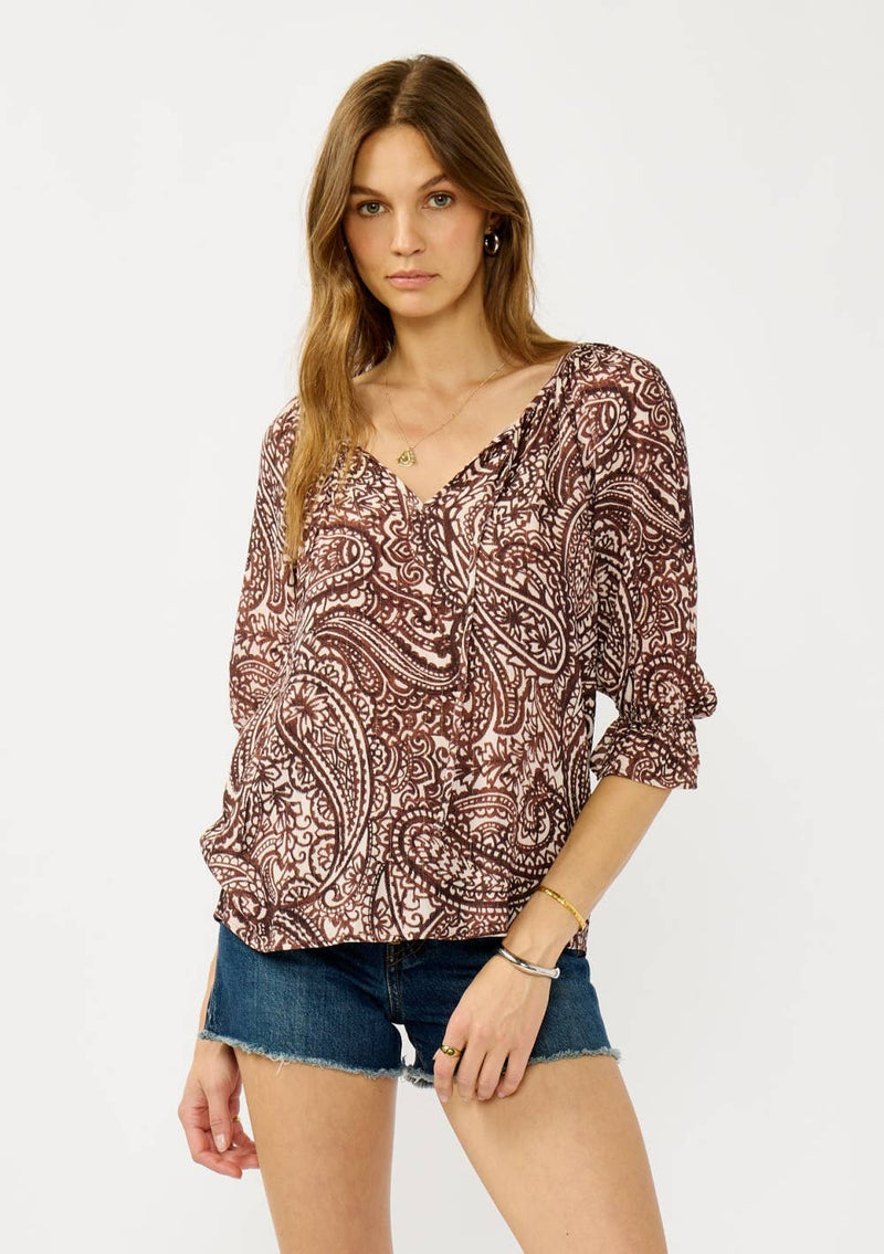 Smocked Paisley Split Neck Blouse
