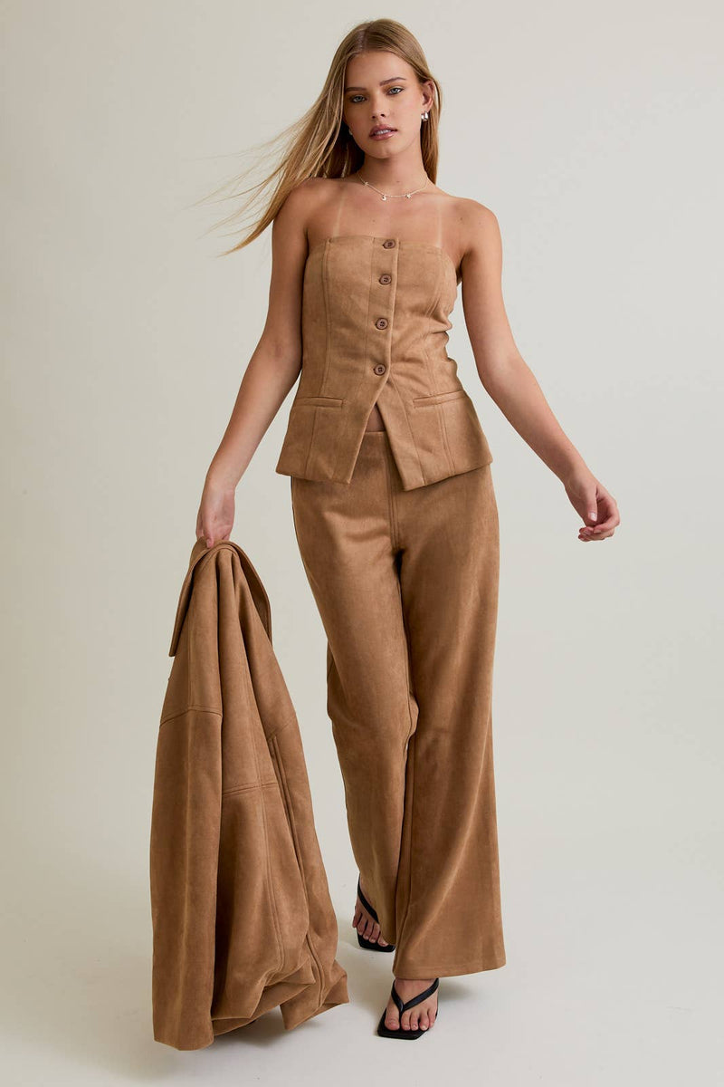 Structured button-front tube blazer top in soft, light brown suede with a tailored fit, perfect for Long Island boutique fashion.