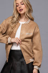Long Sleeve Embroidery Detail Faux Suede Varsity Jacket