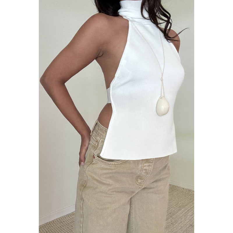 Open-Back Halter Turtle Neck Top