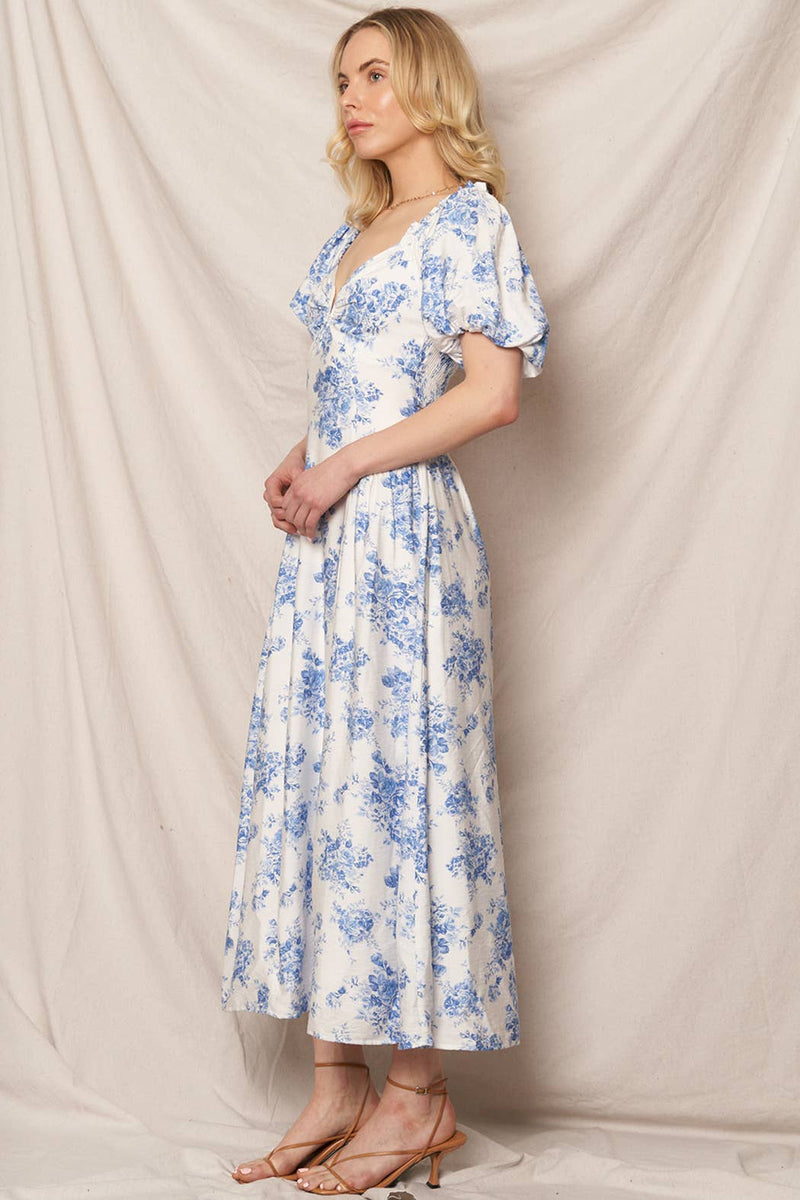 Puff Sleeve Floral Print Midi Dress