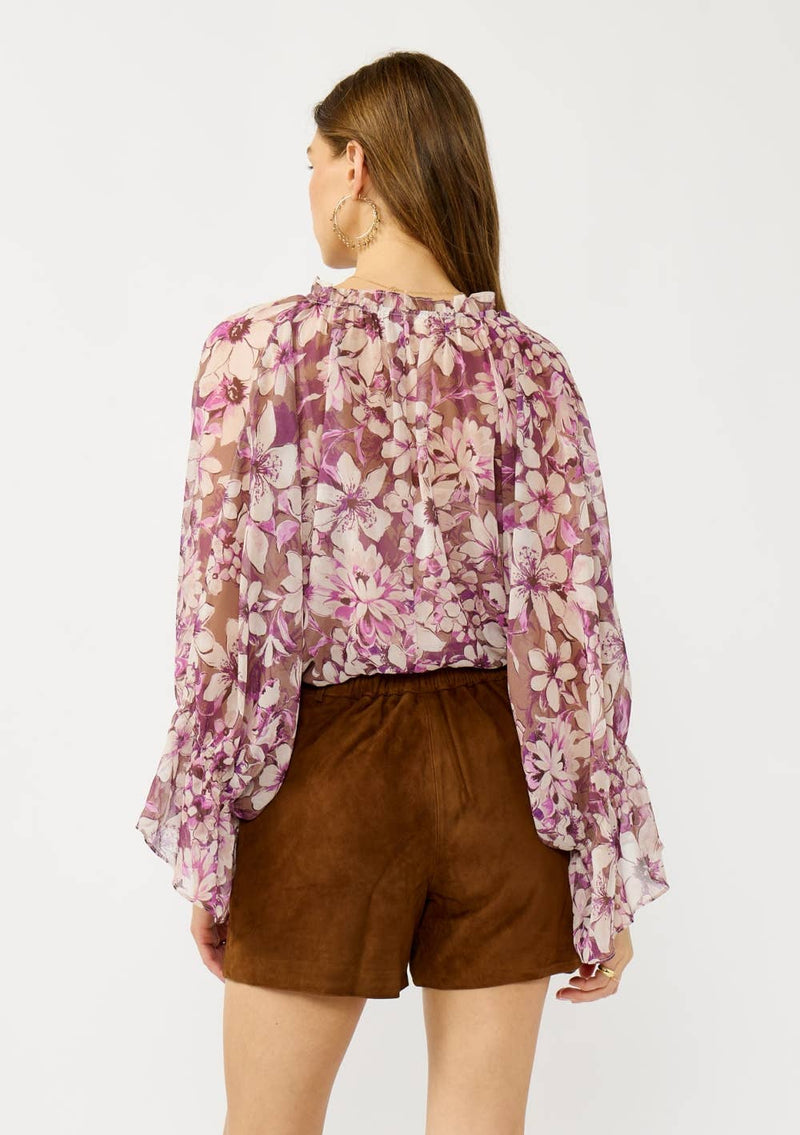 Ruched V-Neck Billowy Blouse