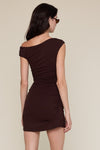 Chic brown asymmetric shoulder line ruched mini dress with a snug fit, perfect for a stylish evening out in Long Island boutique fashion.