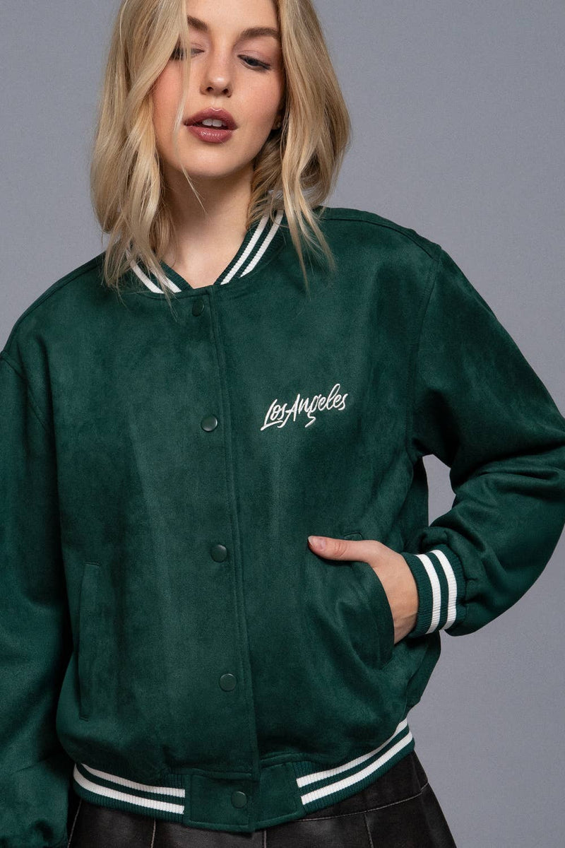 Long Sleeve Embroidery Detail Faux Suede Varsity Jacket