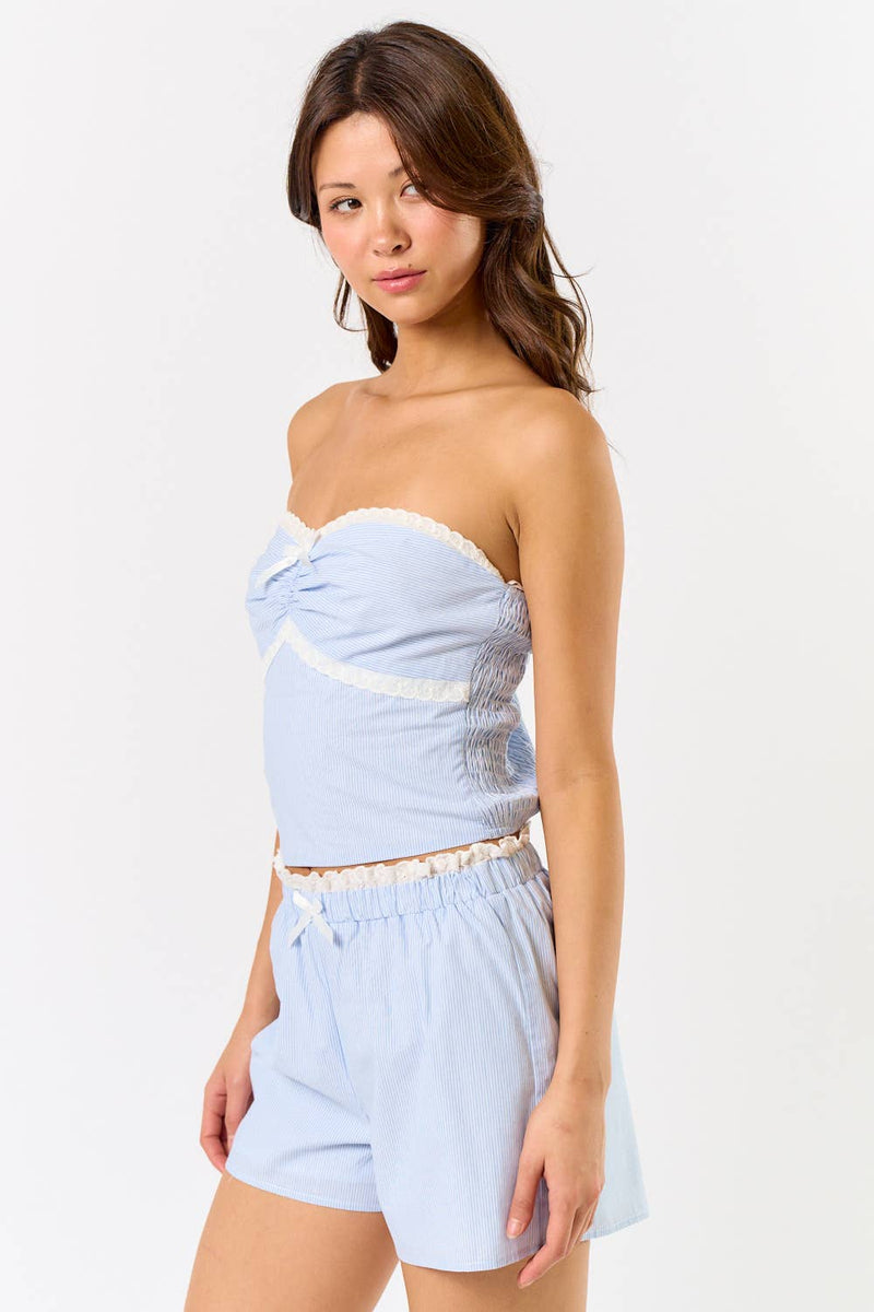 Pin Stripe Tube Top w/Lace Trim Shorts