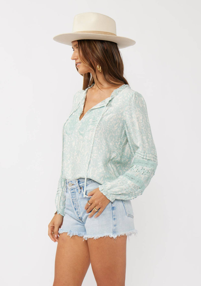 Floral Embroidered Lace-Trim Split Neck Blouse