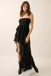 Floral Lace Strapless Ruffled High-Low Maxi Dress