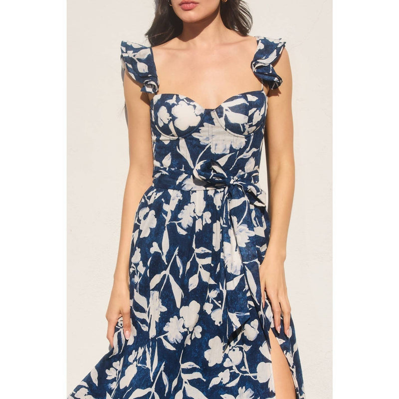 Indigo Mood Corset Flutter Sleeve Midi Dress