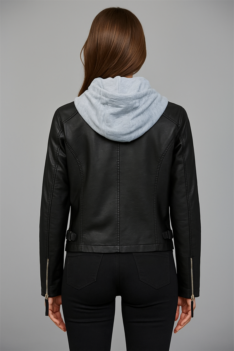 Hooded Faux Leather Moto Jacket | Removable Hood