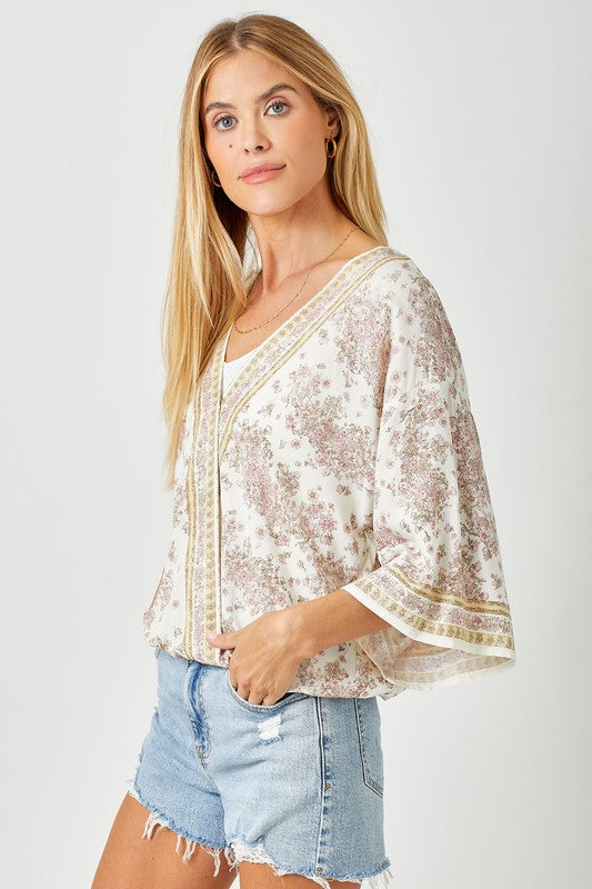 Border Print Front Wrap Kimono Top