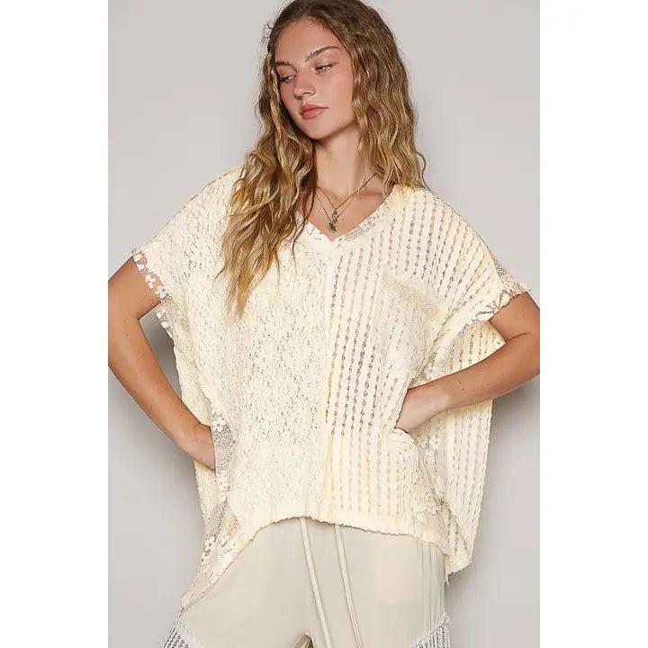 Oversize V-Neck Short Sleeve Lace Front Pocket Woven Top