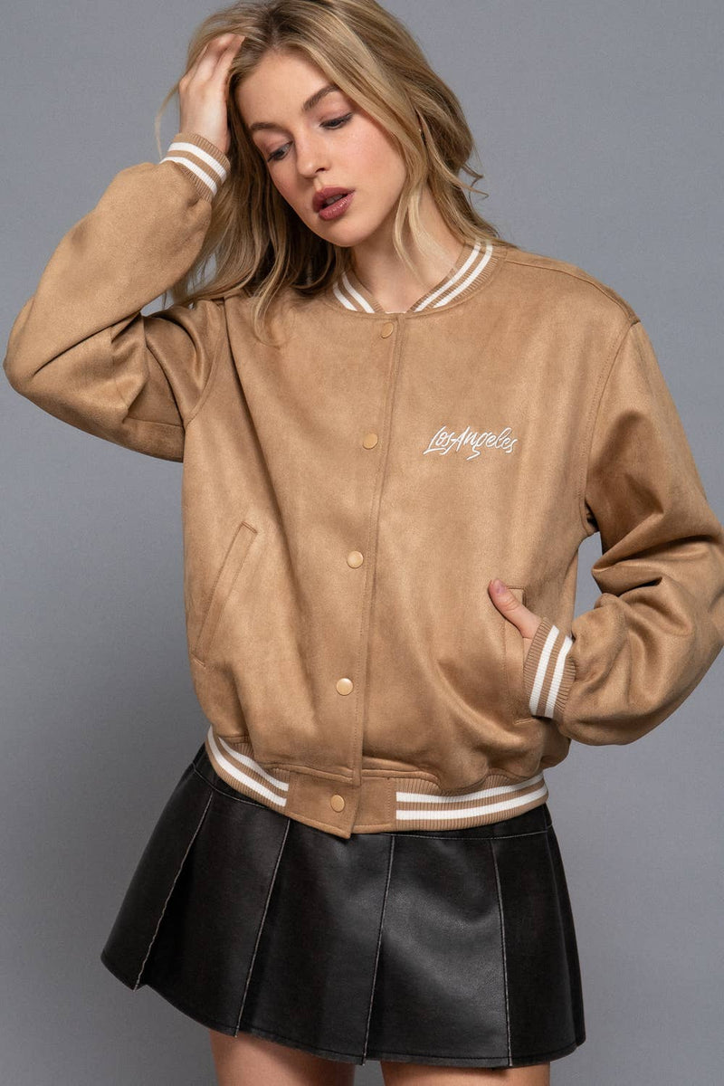 Long Sleeve Embroidery Detail Faux Suede Varsity Jacket