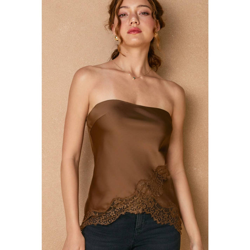 Sleek brown satin tube top with delicate lace hem, perfect for a stylish evening out in Long Island boutique fashion.