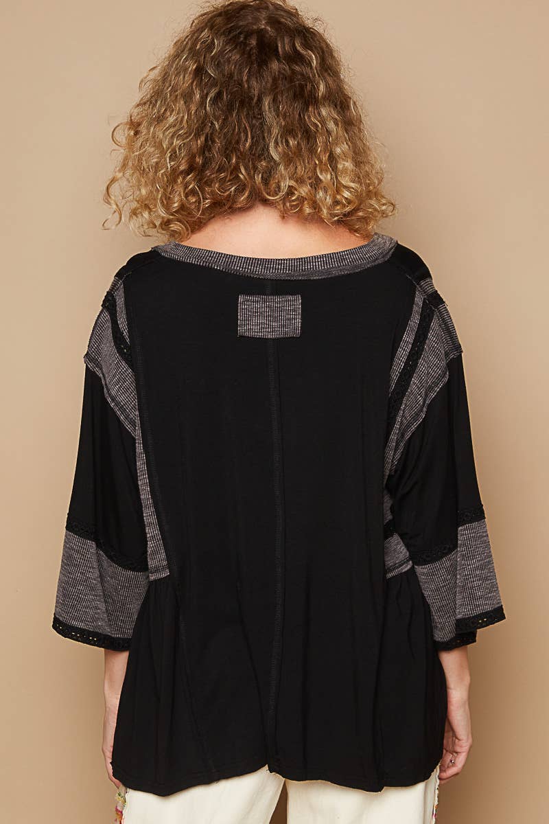 Oversize V-Neck Long Sleeve Lace Trim Knit Top