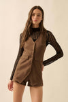 Sleeveless faux suede snap-front vest romper in rich brown, featuring a tailored fit that highlights a stylish and modern look for Long Island boutique fashion.