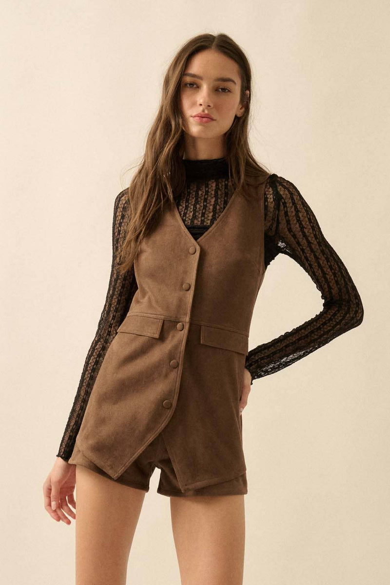 Sleeveless faux suede snap-front vest romper in rich brown, featuring a tailored fit that highlights a stylish and modern look for Long Island boutique fashion.