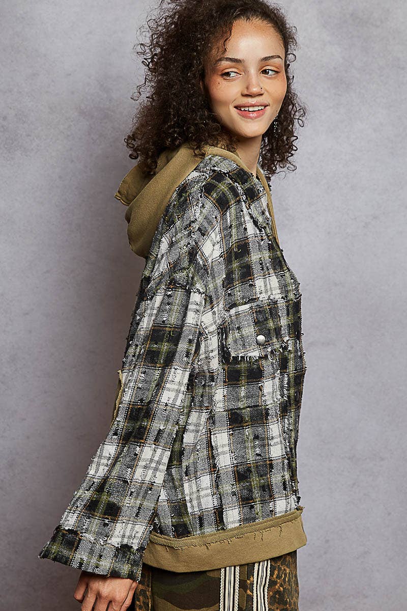 Women’s oversized hooded plaid shacket in olive and black — cotton button-down jacket with raw-edge detail, cozy fall outerwear by TandyWear Boutique Commack NY. right side view