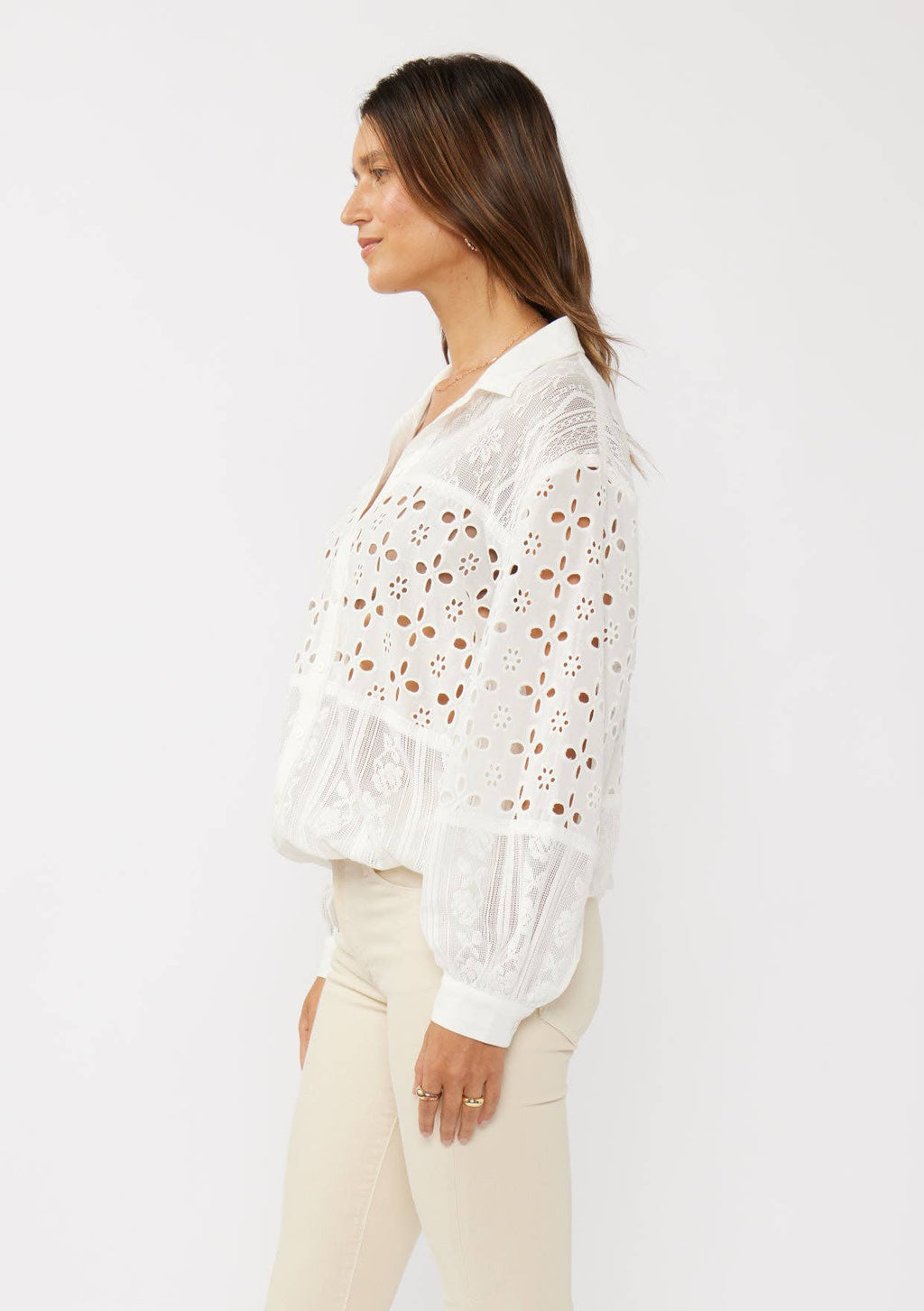 Embroidered Eyelet Patchwork Button-Down Shirt