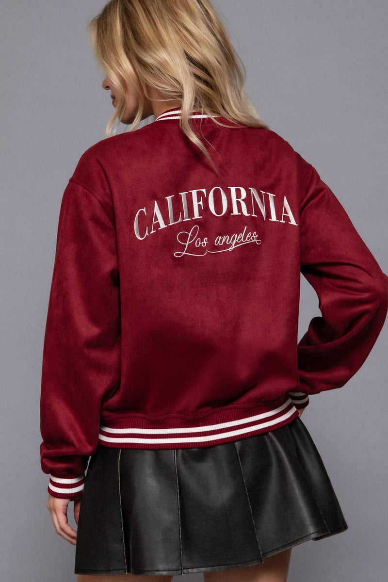 Long Sleeve Embroidery Detail Faux Suede Varsity Jacket