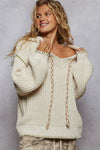 V-neck Solid Stitch Point Hoodie Chenille Sweater Top