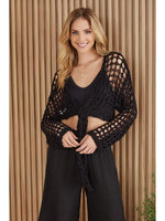 Solid Knit Tie Front Top - Black