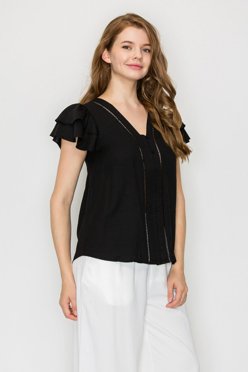Ruffle Sleeve Eyelet Buttoned Top