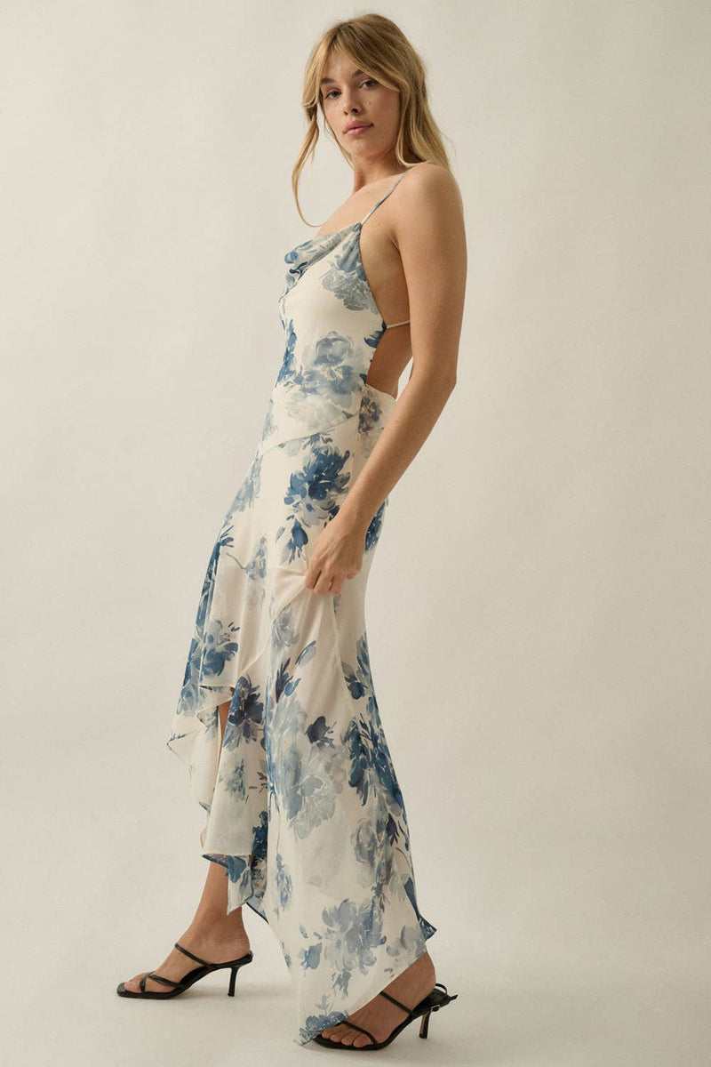 chiffon asymmetrical maxi dress Floral Draped Open-Back Retro Blue Venus is a lovely