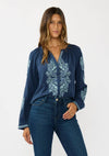 Navy embroidered raglan button blouse featuring intricate floral designs and a relaxed fit, perfect for Long Island boutique fashion.