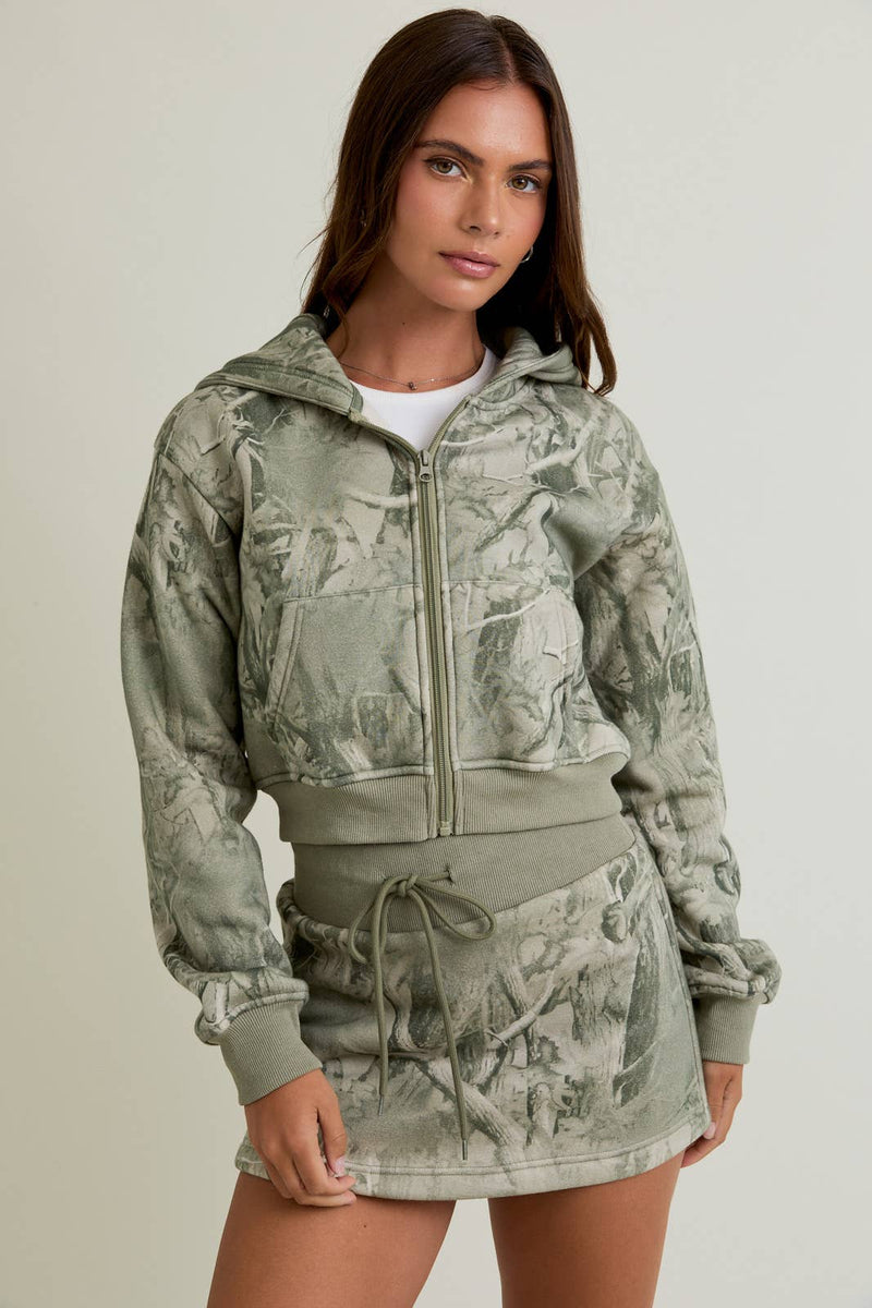 Tree Camo Printed Crop Hoodie Jacket