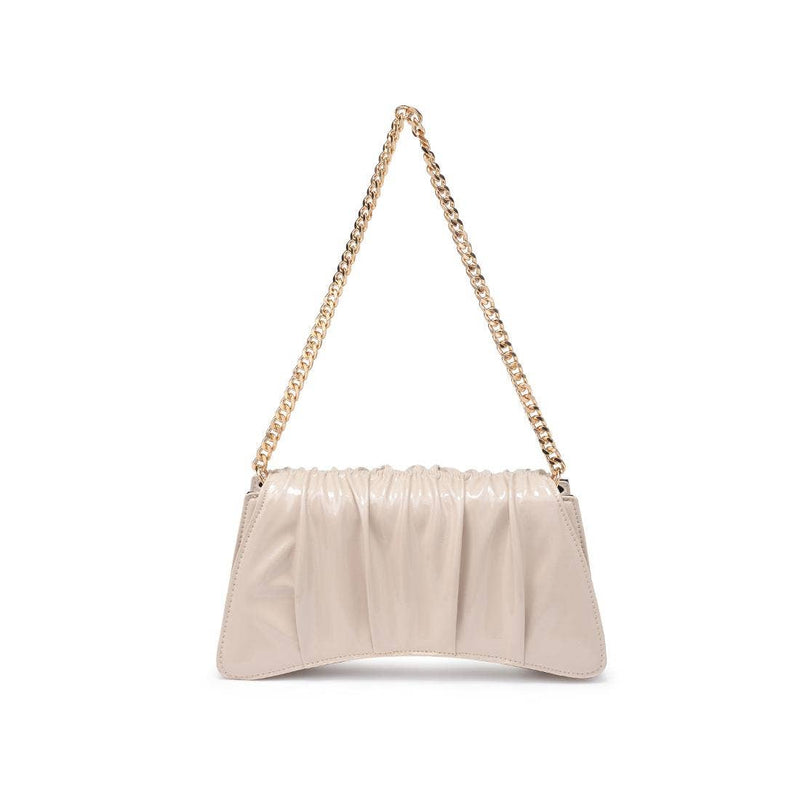 Sleek, cream-colored Erie Shoulder Bag features ruched detailing and a stylish chain strap, perfect for Long Island boutique fashion.