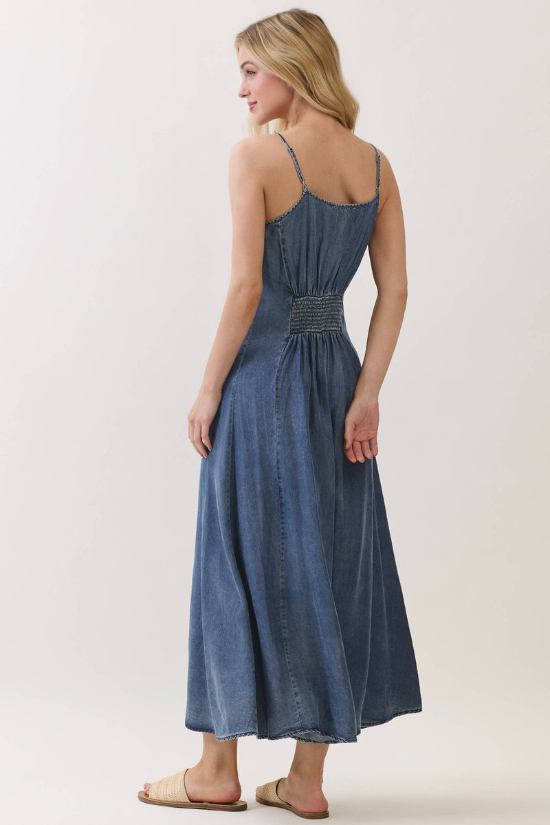 Medium Wash Tencel Denim Flowy Dress with Wood Buttons | Final Touch