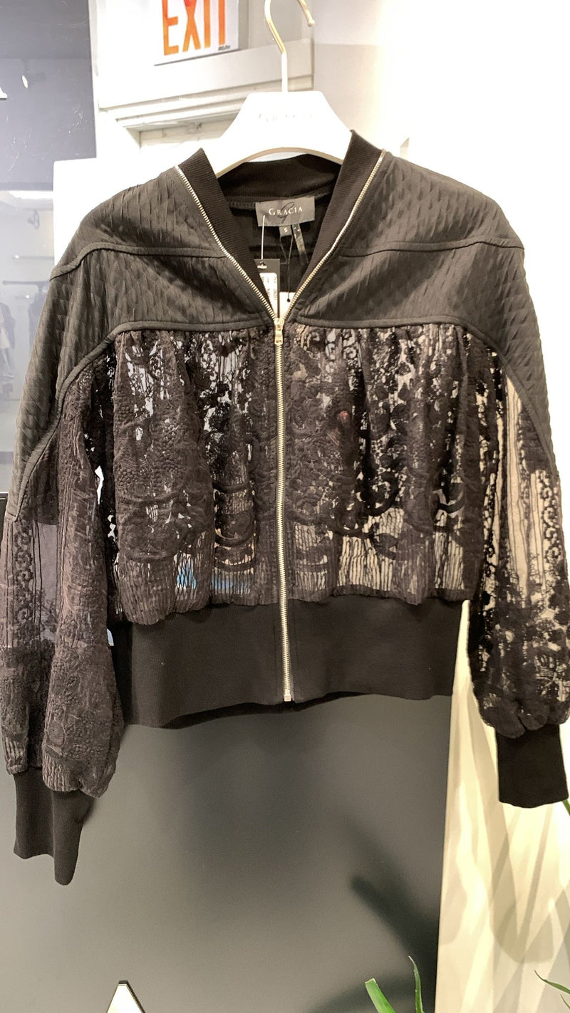 Black Gracia Lace Zip Up Top featuring a mix of textured quilted fabric and sheer lace, perfect for Long Island boutique fashion enthusiasts.