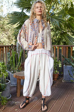 Cropped Printed Woven Crochet Button Down Shirt