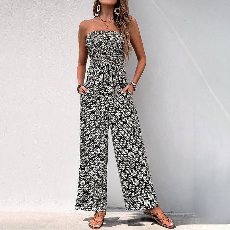 Women's Bohemian Print Smocked Strapless Jumpsuit
