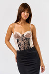Flaunt your style in this Animal Mixed Bustier Bodysuit featuring leopard and floral lace details, perfect for Long Island boutique fashion.