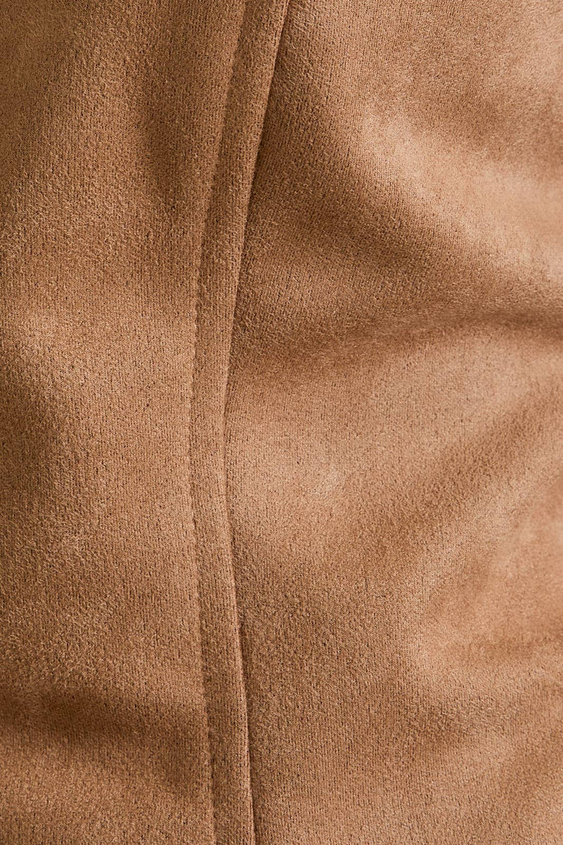 Brown suede tube blazer top with a button front, featuring a fitted silhouette, perfect for a chic Long Island boutique fashion look.