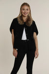 Short sleeve black cardigan featuring a luxurious faux fur collar, perfect for stylish layering in Long Island boutique fashion.